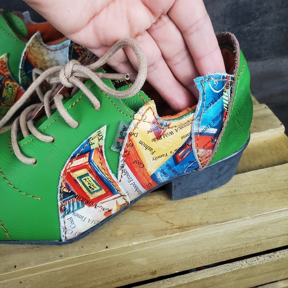 Princess Of TMA Maia Green Abstract Pointed Toe Leather Oxford Women's - Picture 7 of 16